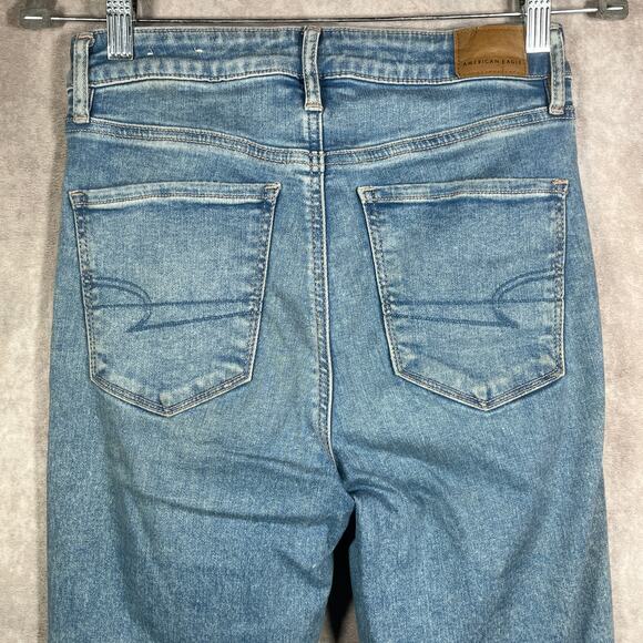 American Eagle Super Hi-Rise Flare Jeans Womens 4 Blue Denim Distressed Stretch - Picture 7 of 16